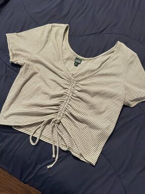 wild fable Striped Drawstring Ruched Crop Top - Cream & Gray